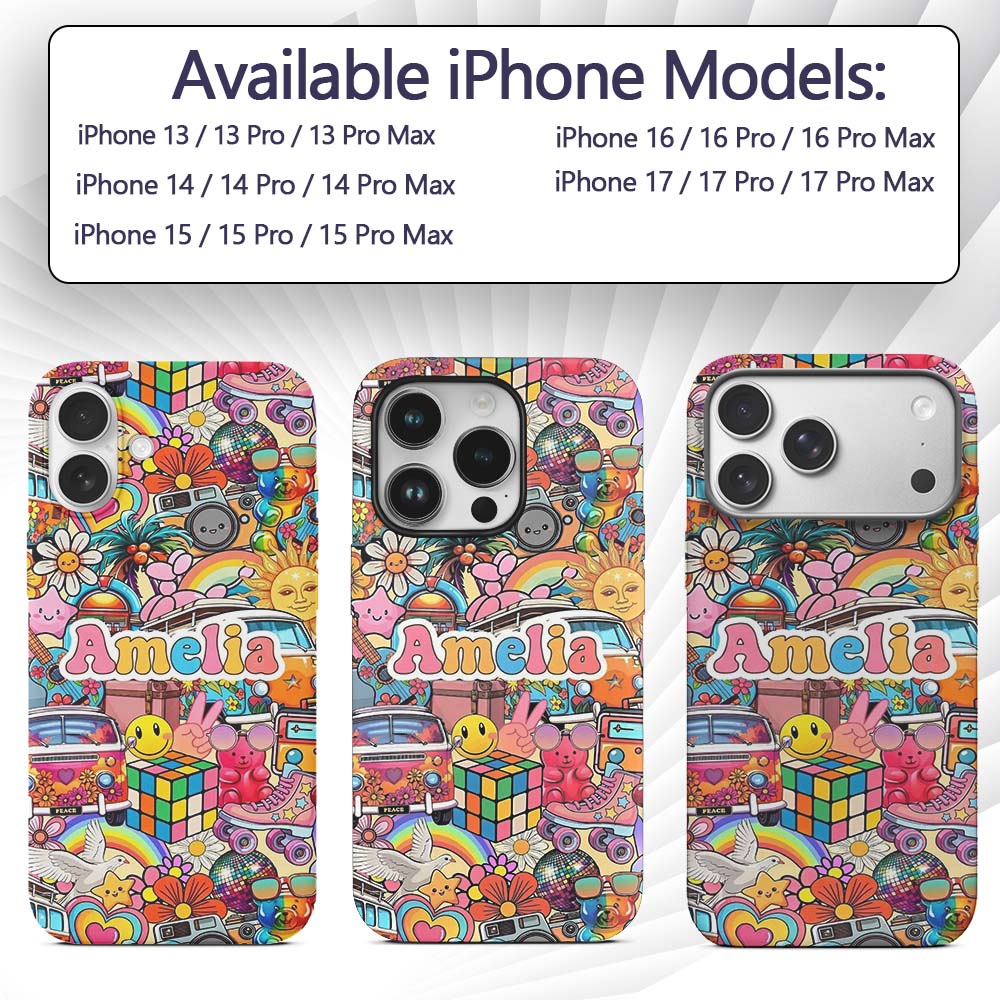 Hippie Van Rainbow Toys Collage Light Yellow Custom Name Protective Phone Case Mobile Cover Durable Everyday Smartphone Shock Resistant