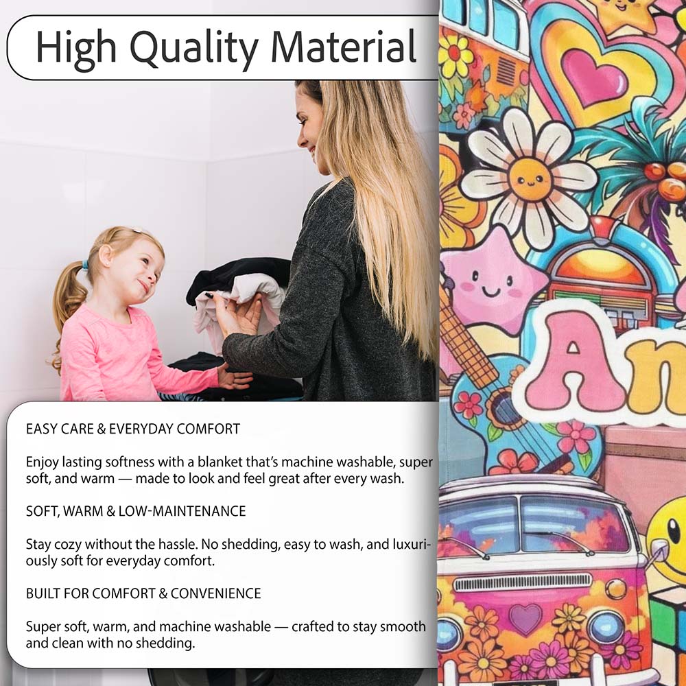 Hippie Van Rainbow Toys Collage Light Yellow Background Seamless Personalised Custom Name Super Soft Fleece Blanket Bed Sofa Throw