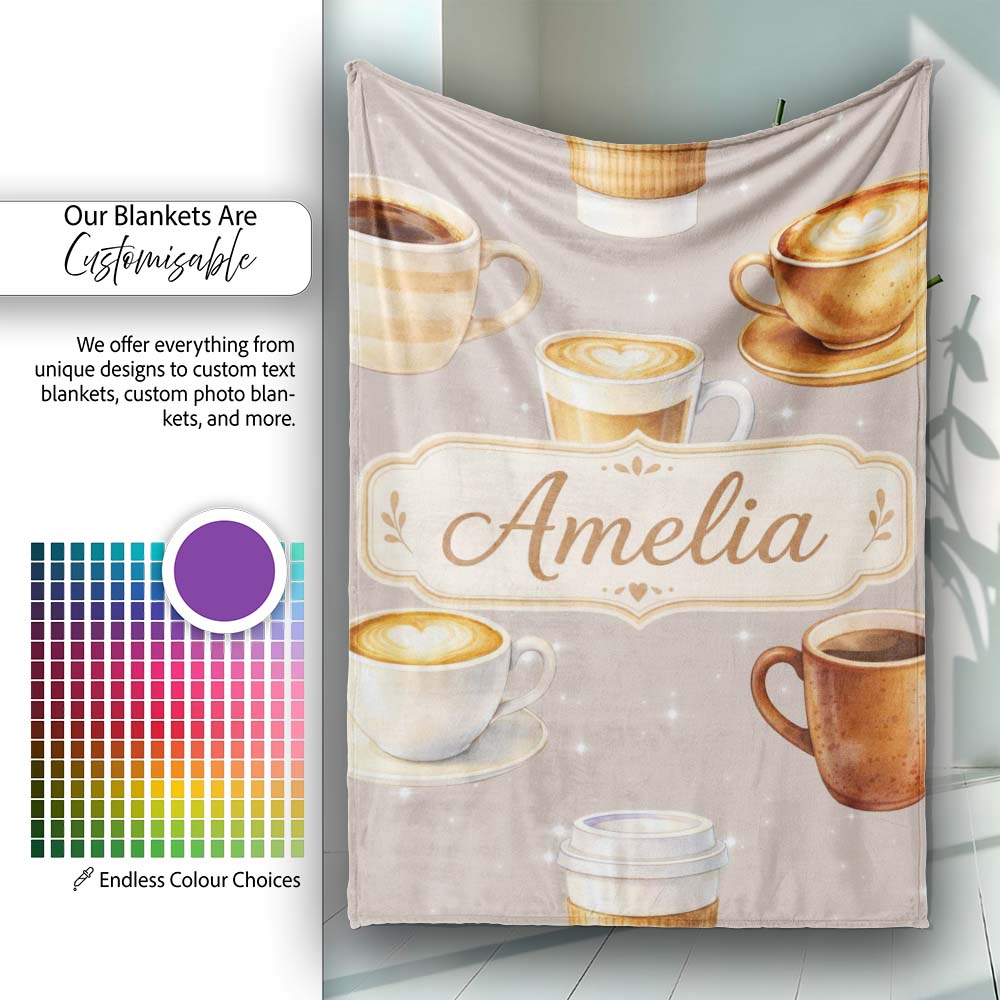 Coffee Latte Cappuccino Seamless Pattern on Light Beige Lovely Personalised Custom Name Super Soft Fleece Blanket Bed Sofa Throw