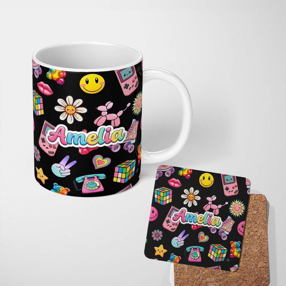 Personalized Custom Name Cute Kawaii Toys Black Background Seamless Pattern Custom Name 11oz Ceramic Coffee Tea Mug White Large Handle