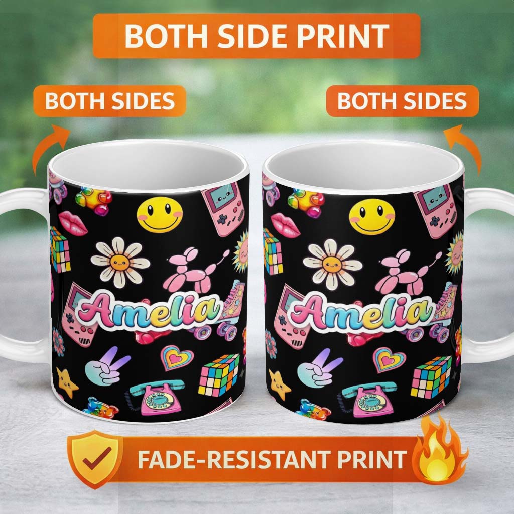 Personalized Custom Name Cute Kawaii Toys Black Background Seamless Pattern Custom Name 11oz Ceramic Coffee Tea Mug White Large Handle