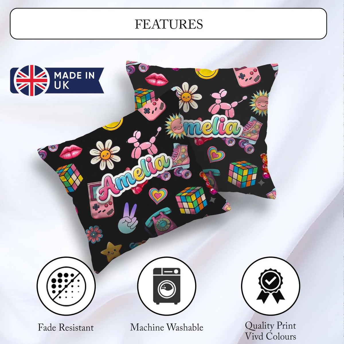 Custom Name Cute Kawaii Toys Black Background Seamless Pattern Square Filled Cushion Throw Pillow Sofa Bed Home Decor Zip Washable UK Made