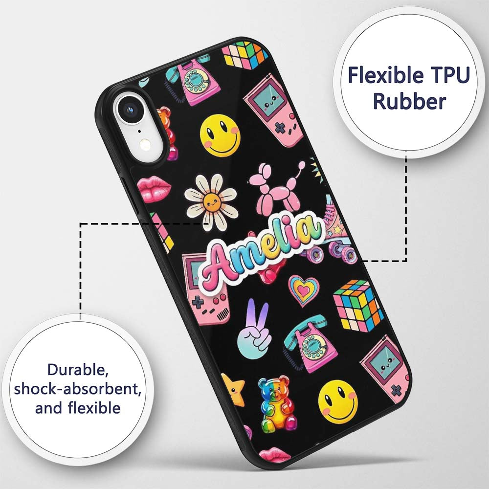 Cute Kawaii Toys Black Background Printed Design Custom Name Protective Phone Case Mobile Cover Durable Everyday Smartphone Shock Resistant