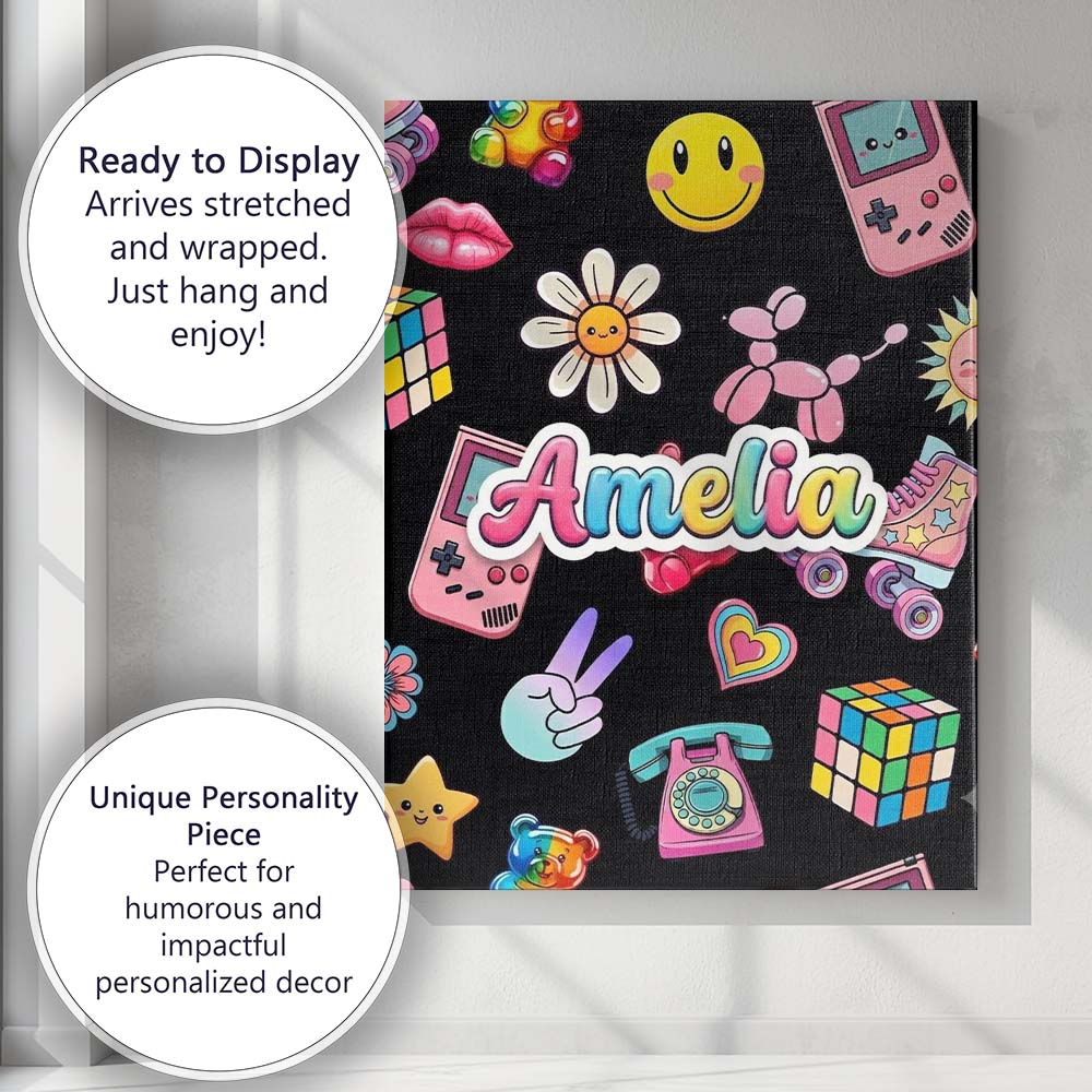 Personalised Name Cute Kawaii Toys Black Custom Unique Gift Idea Elegant Feature Canvas Wall Art Print Decor Picture Ready to Hang