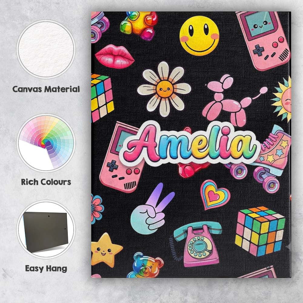 Personalised Name Cute Kawaii Toys Black Custom Unique Gift Idea Elegant Feature Canvas Wall Art Print Decor Picture Ready to Hang