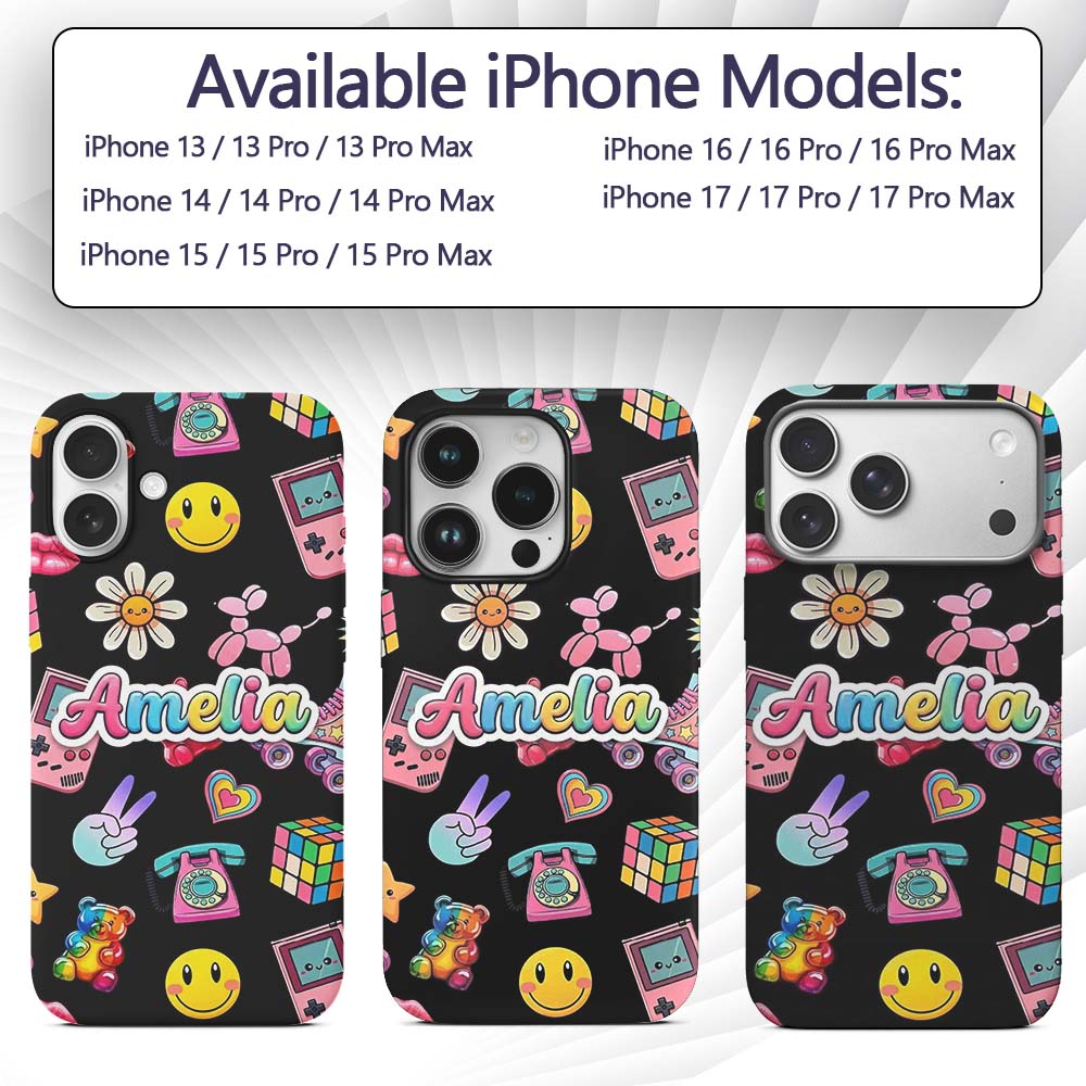 Cute Kawaii Toys Black Background Printed Design Custom Name Protective Phone Case Mobile Cover Durable Everyday Smartphone Shock Resistant