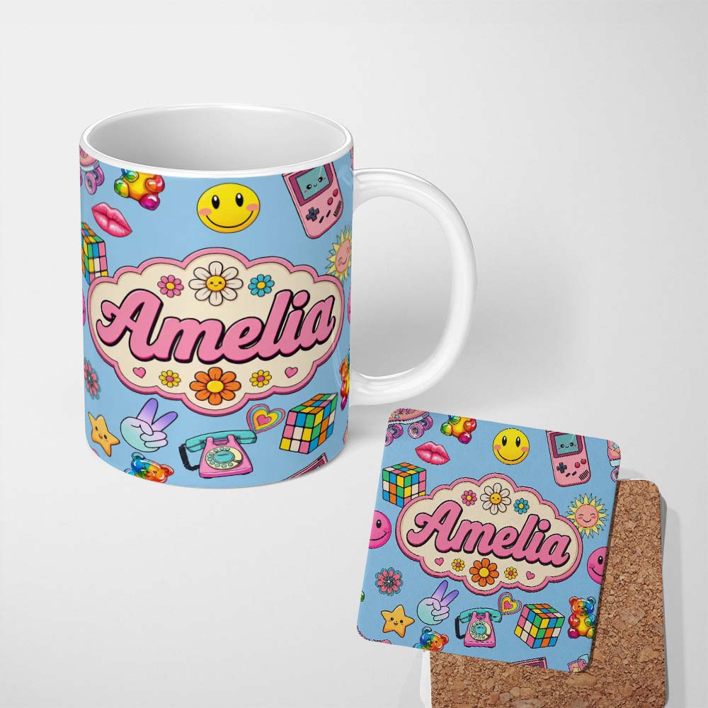 Personalized Custom Name Toys Smiley Roller Skate Blue Background Seamless Pattern Custom 11oz Ceramic Coffee Tea Mug White Large Handle