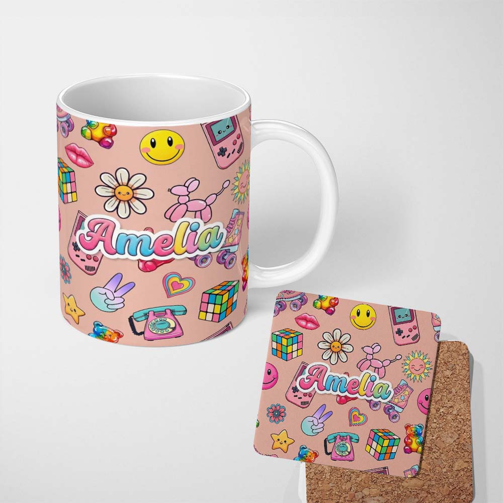 Personalized Custom Name Toys Smiley Roller Skate Beige Background Seamless Pattern Name Cute 11oz Ceramic Coffee Tea Mug White Large Handle