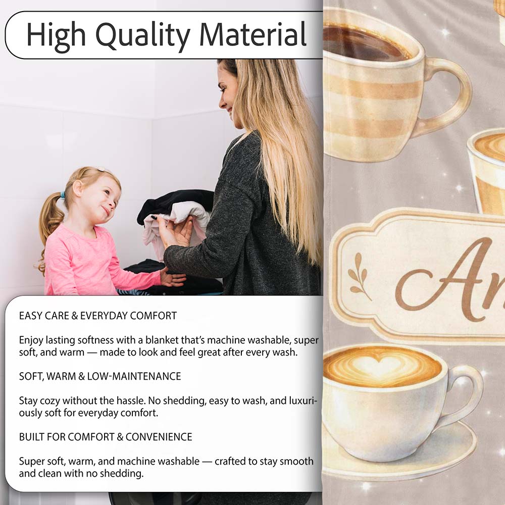 Coffee Latte Cappuccino Seamless Pattern on Light Beige Lovely Personalised Custom Name Super Soft Fleece Blanket Bed Sofa Throw