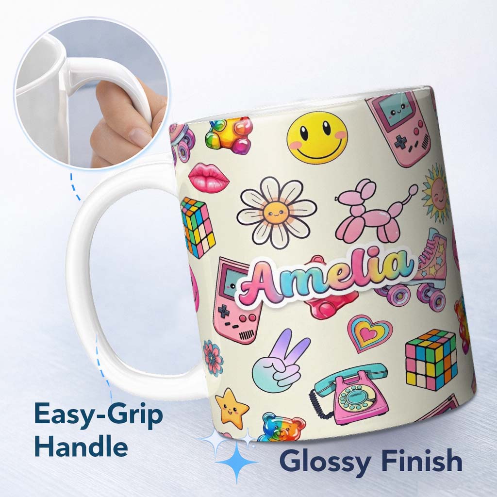 Personalized Custom Name Toys Smiley Roller Skate Cream Background Seamless Pattern Name Cute 11oz Ceramic Coffee Tea Mug White Large Handle