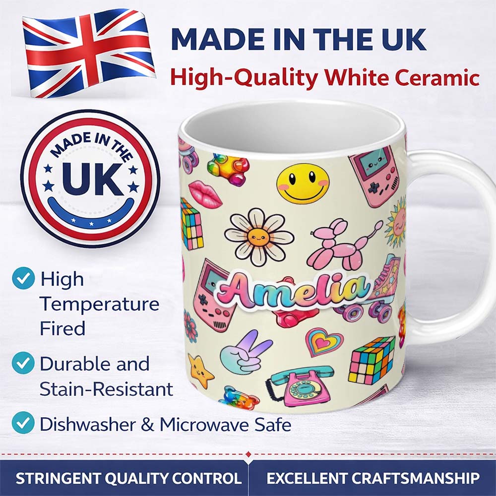 Personalized Custom Name Toys Smiley Roller Skate Cream Background Seamless Pattern Name Cute 11oz Ceramic Coffee Tea Mug White Large Handle