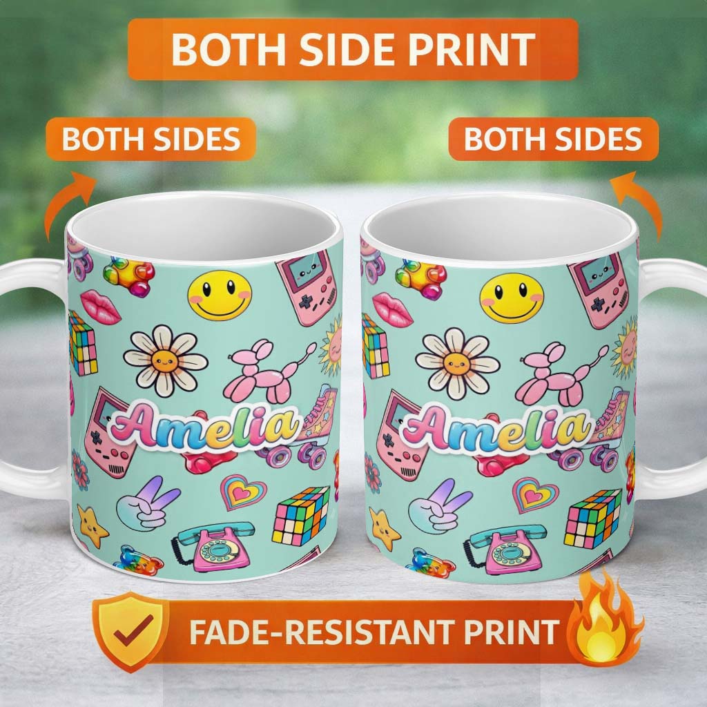 Personalized Custom Name Toys Smiley Roller Skate Mint Background Seamless Pattern Custom 11oz Ceramic Coffee Tea Mug White Large Handle