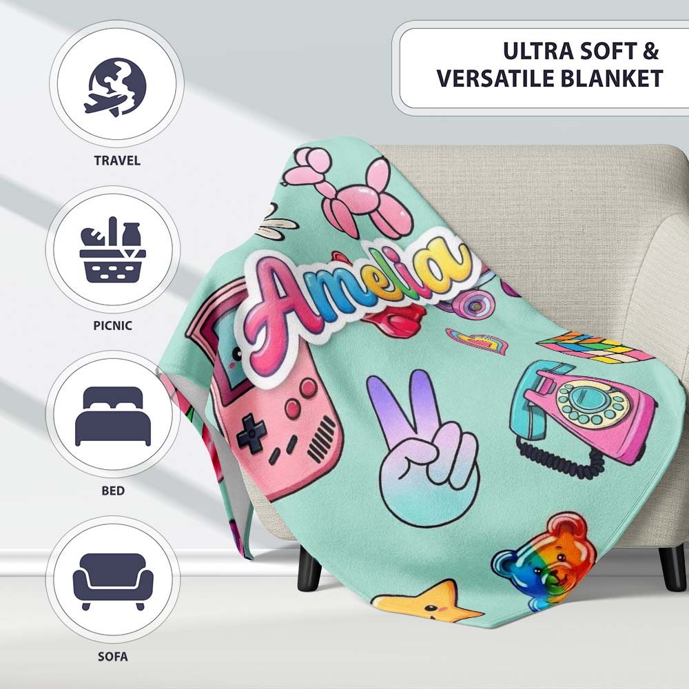 Toys Smiley Roller Skate Mint Background Seamless Pattern Custom Personalised Custom Name Super Soft Fleece Blanket Bed Sofa Throw