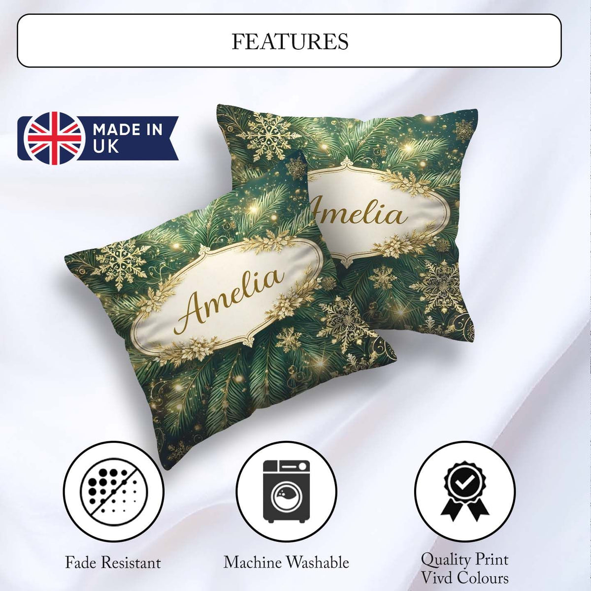 Custom Name Festive Green Pine and Snowflake Decorative Seamless Square Filled Cushion Throw Pillow Sofa Bed Home Decor Zip Washable UK Made