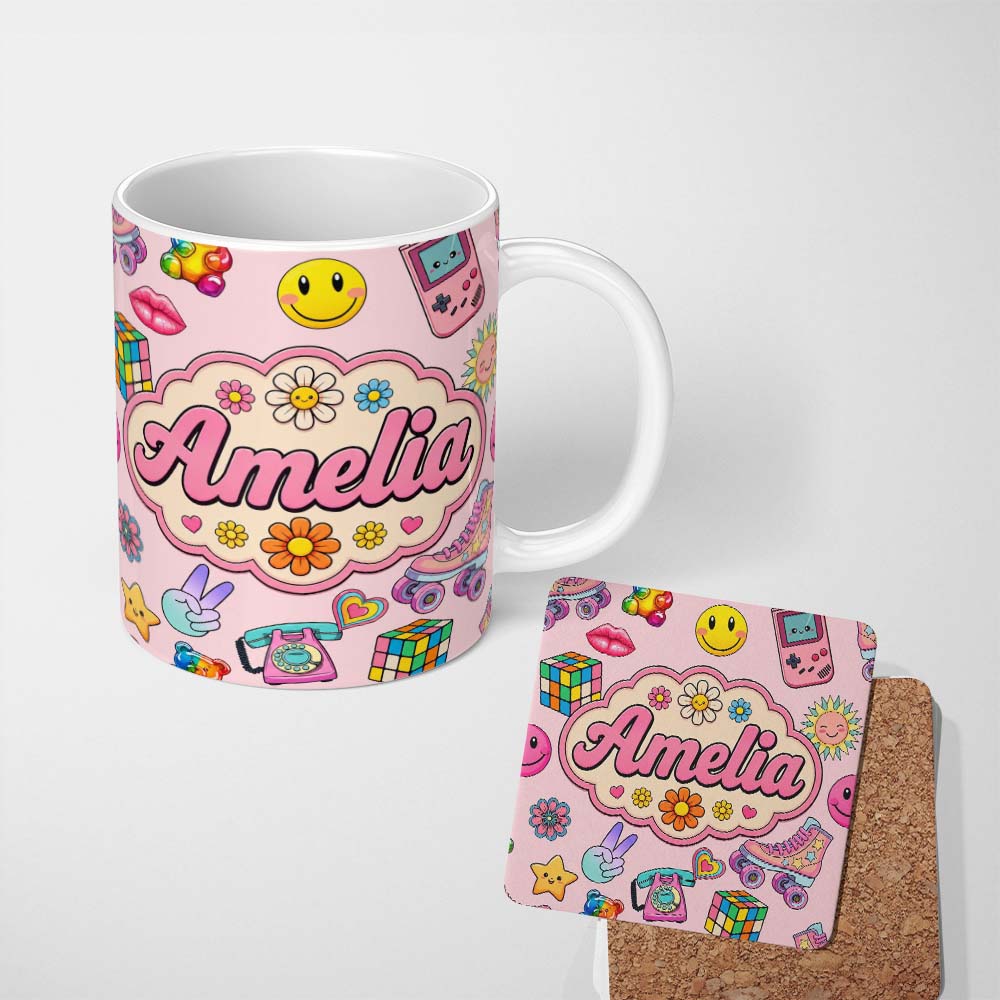 Personalized Custom Name Toys Smiley Roller Skate Pink Background Seamless Pattern Custom 11oz Ceramic Coffee Tea Mug White Large Handle