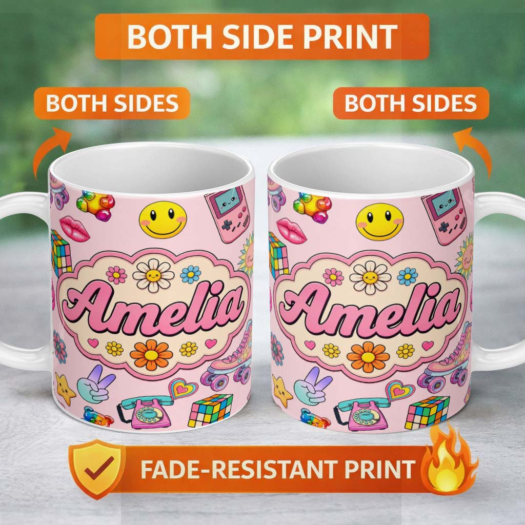 Personalized Custom Name Toys Smiley Roller Skate Pink Background Seamless Pattern Custom 11oz Ceramic Coffee Tea Mug White Large Handle