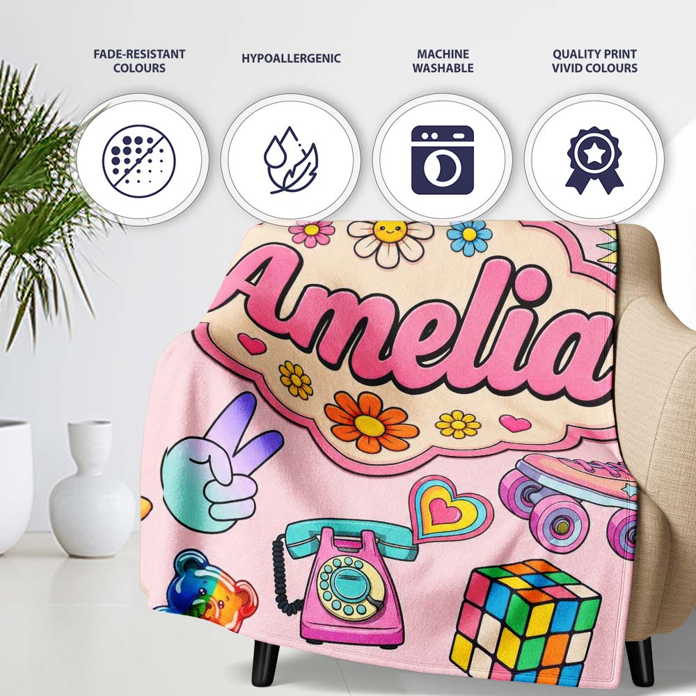 Toys Smiley Roller Skate Pink Background Seamless Pattern Custom Personalised Custom Name Super Soft Fleece Blanket Bed Sofa Throw