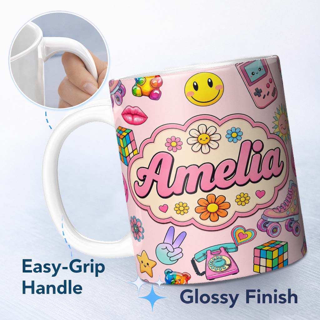 Personalized Custom Name Toys Smiley Roller Skate Pink Background Seamless Pattern Custom 11oz Ceramic Coffee Tea Mug White Large Handle