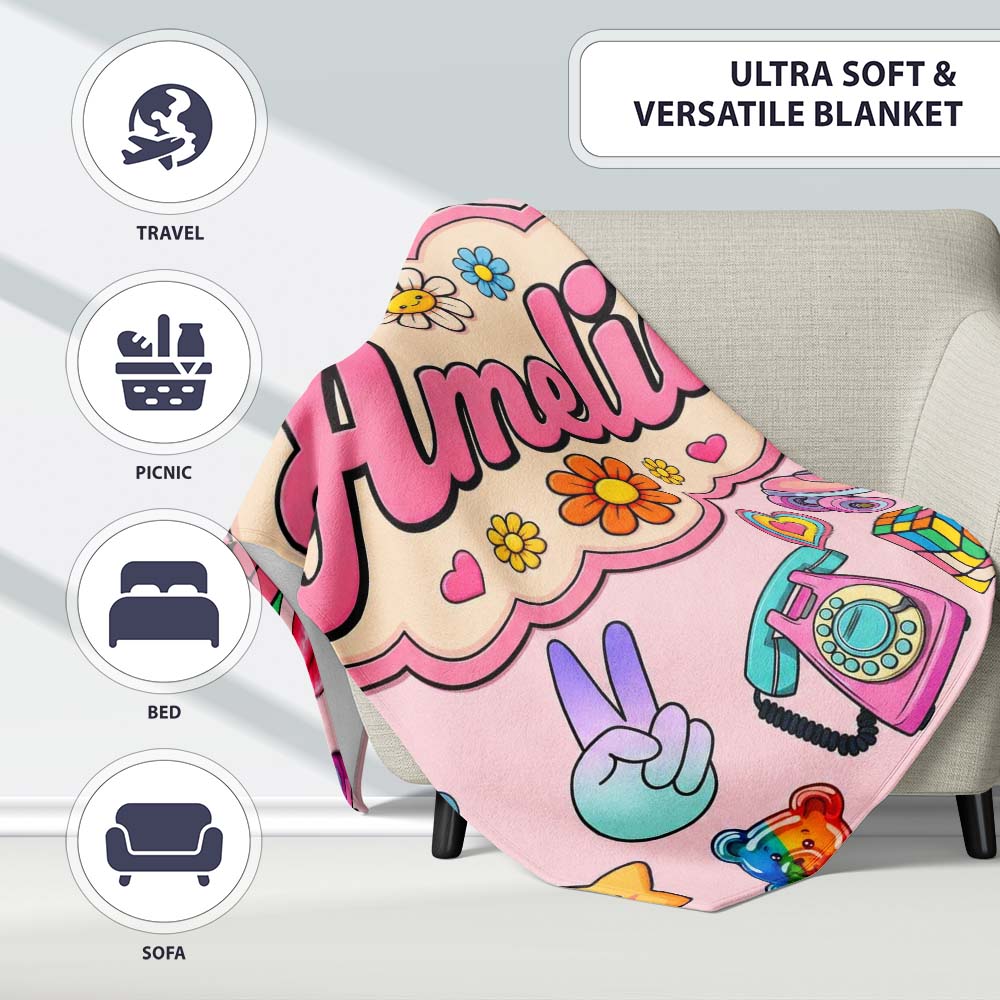 Toys Smiley Roller Skate Pink Background Seamless Pattern Custom Personalised Custom Name Super Soft Fleece Blanket Bed Sofa Throw