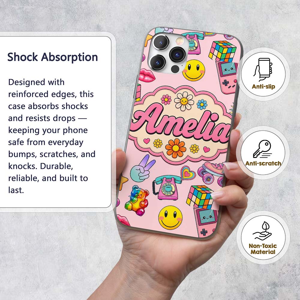 Toys Smiley Roller Skate Pink Background Seamless Custom Name Protective Phone Case Mobile Cover Durable Everyday Smartphone Shock Resistant