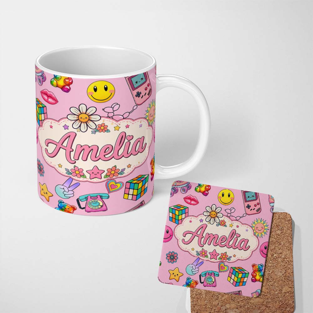 Personalized Custom Name Toys Smiley Roller Skate Light Pink Background Seamless Pattern 11oz Ceramic Coffee Tea Mug White Large Handle