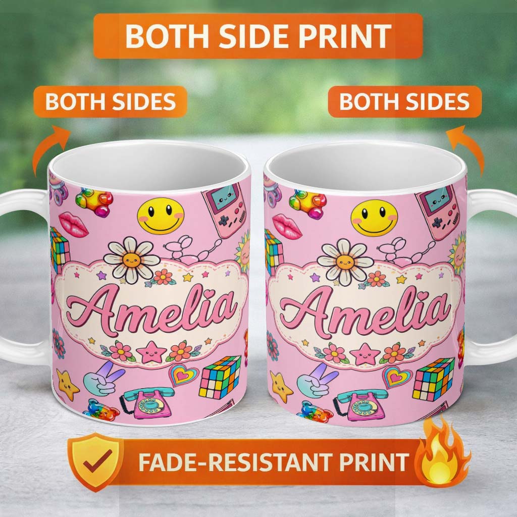 Personalized Custom Name Toys Smiley Roller Skate Light Pink Background Seamless Pattern 11oz Ceramic Coffee Tea Mug White Large Handle