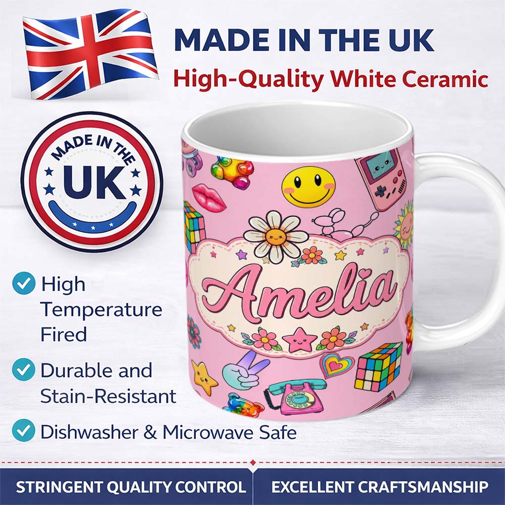 Personalized Custom Name Toys Smiley Roller Skate Light Pink Background Seamless Pattern 11oz Ceramic Coffee Tea Mug White Large Handle
