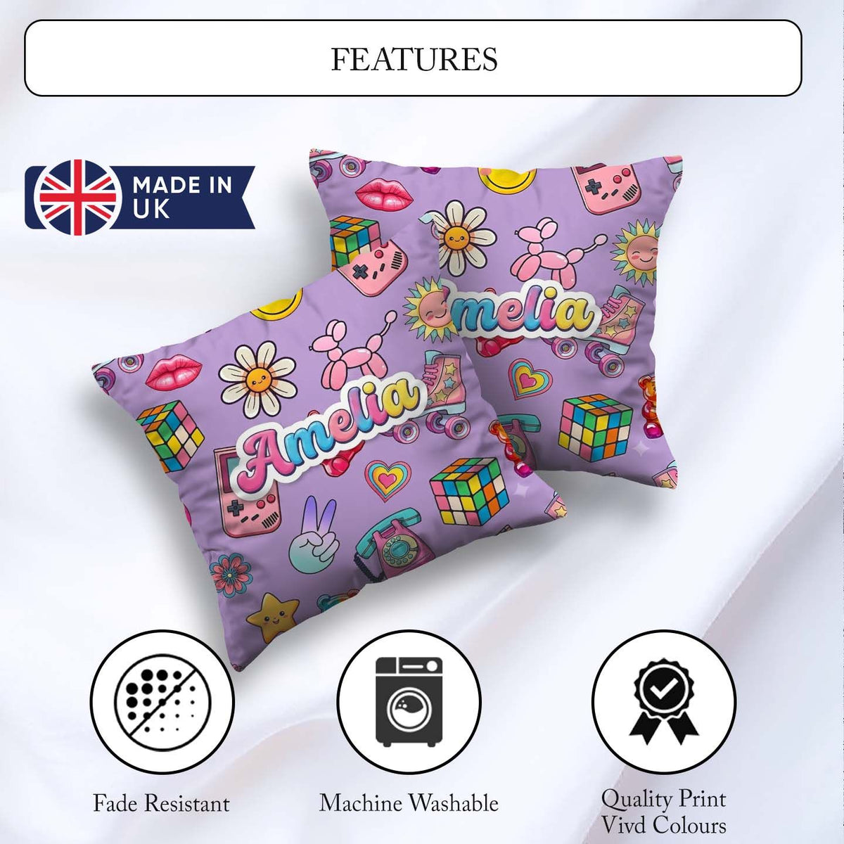 Custom Name Toys Smiley Roller Skate Background Seamless Pattern Square Filled Cushion Throw Pillow Sofa Bed Home Decor Zip Washable UK Made
