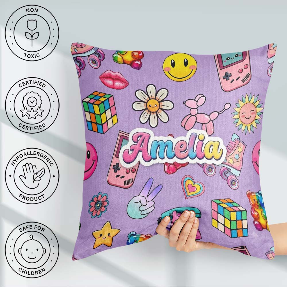 Custom Name Toys Smiley Roller Skate Background Seamless Pattern Square Filled Cushion Throw Pillow Sofa Bed Home Decor Zip Washable UK Made
