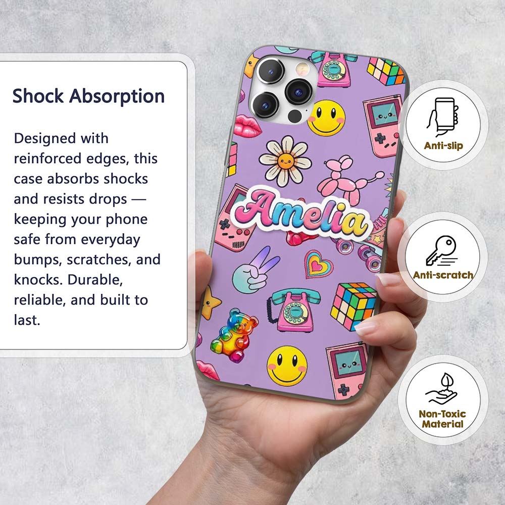 Toys Smiley Roller Skate Purple Printed Design Custom Name Protective Phone Case Mobile Cover Durable Everyday Smartphone Shock Resistant