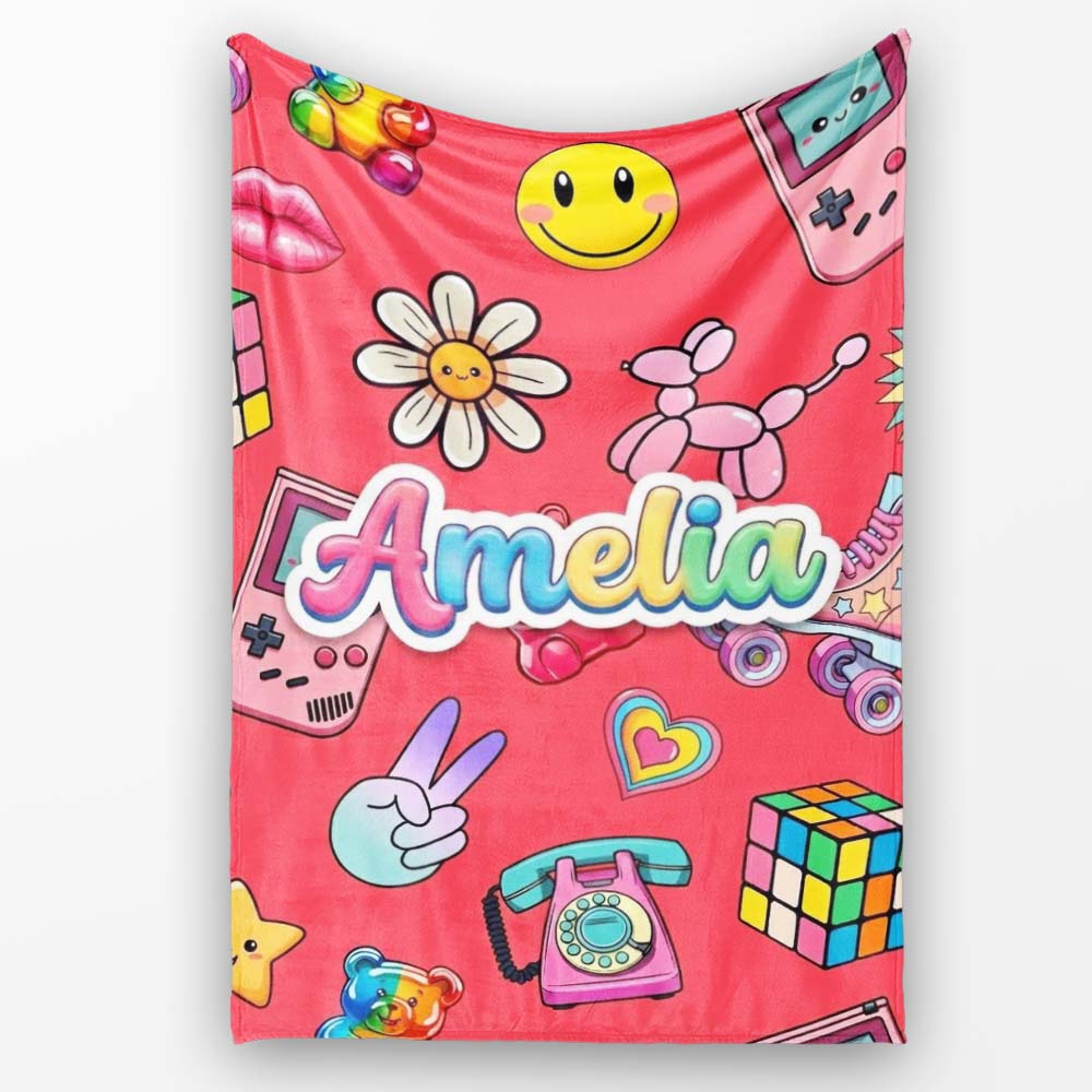 Toys Smiley Roller Skate Red Background Seamless Pattern Name Cute Personalised Custom Name Super Soft Fleece Blanket Bed Sofa Throw