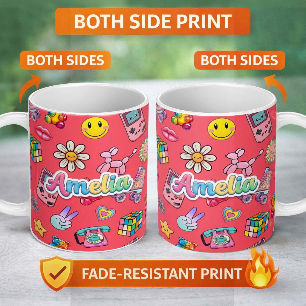 Personalized Custom Name Toys Smiley Roller Skate Red Background Seamless Pattern Name Cute 11oz Ceramic Coffee Tea Mug White Large Handle