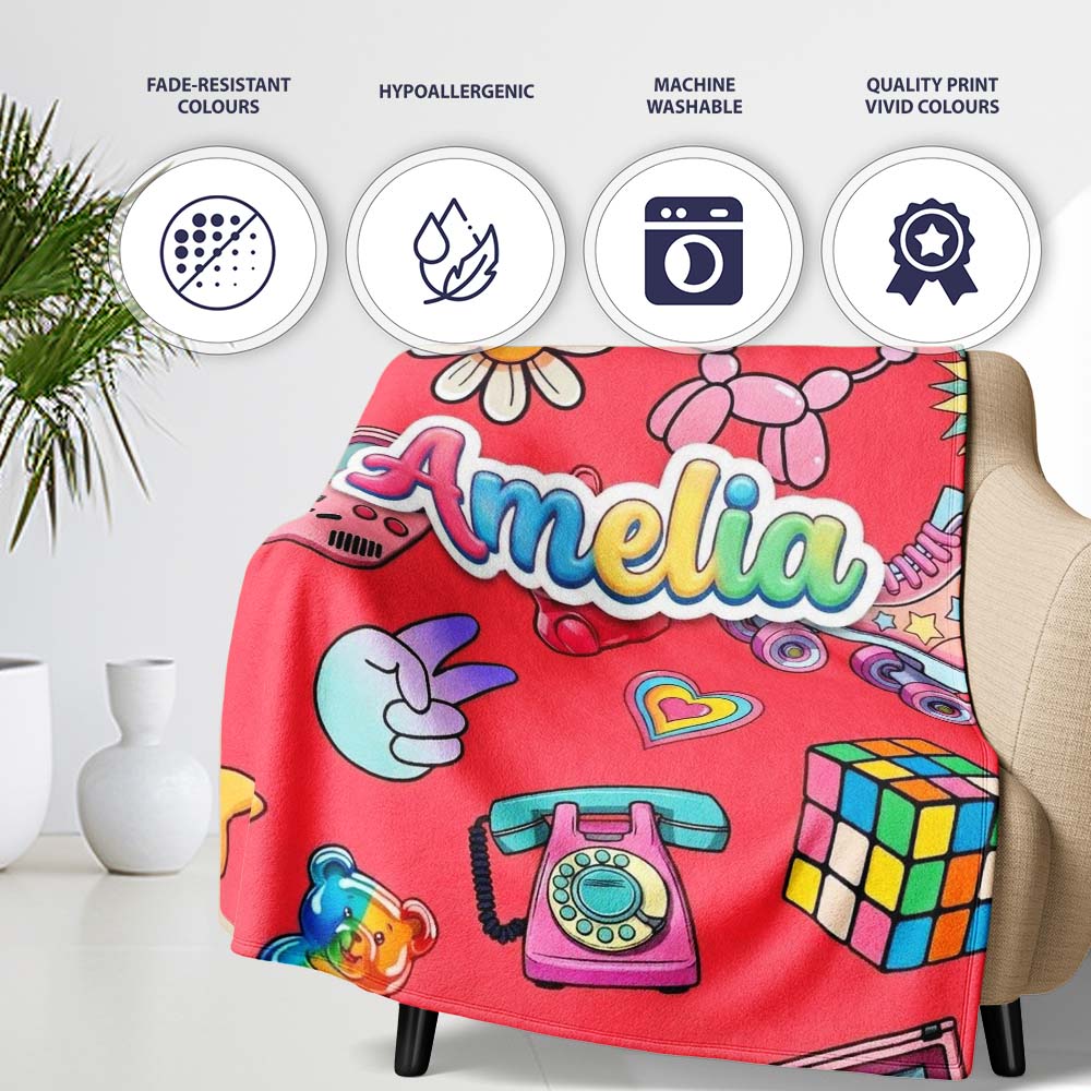 Toys Smiley Roller Skate Red Background Seamless Pattern Name Cute Personalised Custom Name Super Soft Fleece Blanket Bed Sofa Throw
