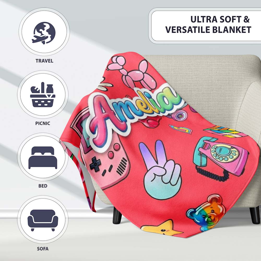 Toys Smiley Roller Skate Red Background Seamless Pattern Name Cute Personalised Custom Name Super Soft Fleece Blanket Bed Sofa Throw