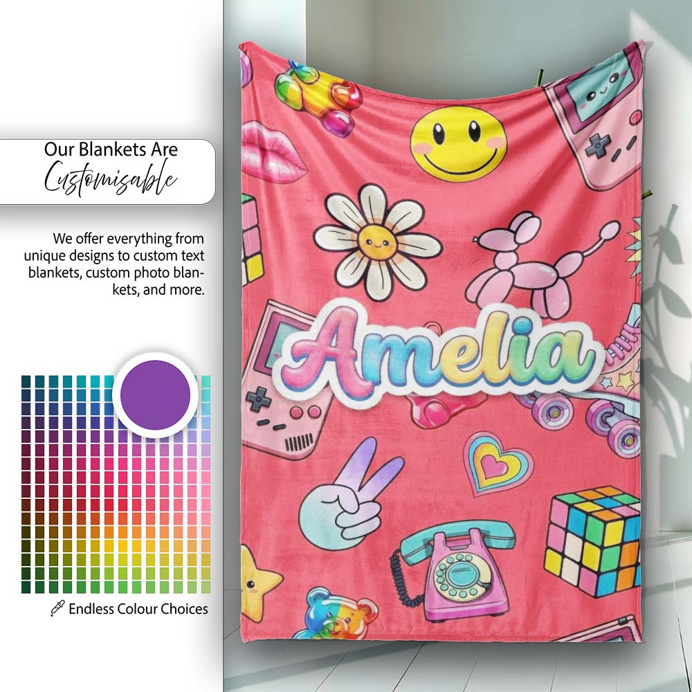 Toys Smiley Roller Skate Red Background Seamless Pattern Name Cute Personalised Custom Name Super Soft Fleece Blanket Bed Sofa Throw