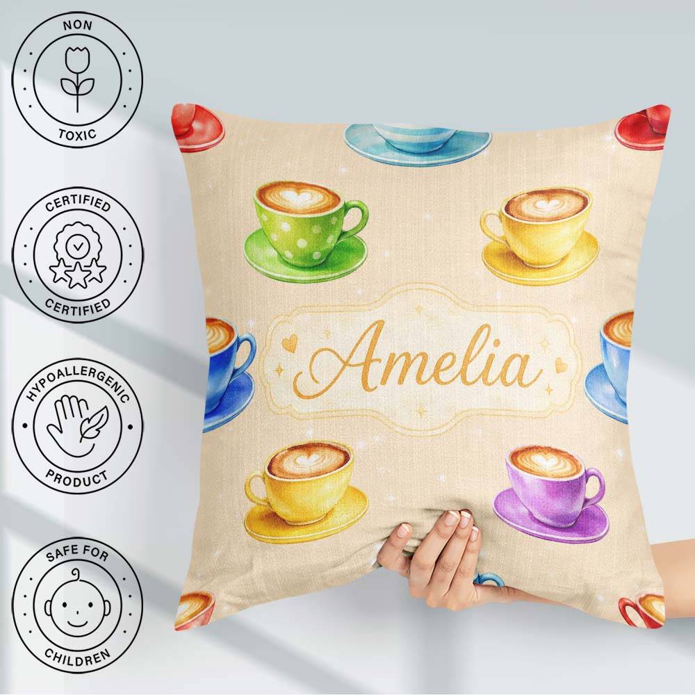 Custom Name Colorful Coffee Latte Cappuccino Seamless Pattern Square Filled Cushion Throw Pillow Sofa Bed Home Decor Zip Washable UK Made
