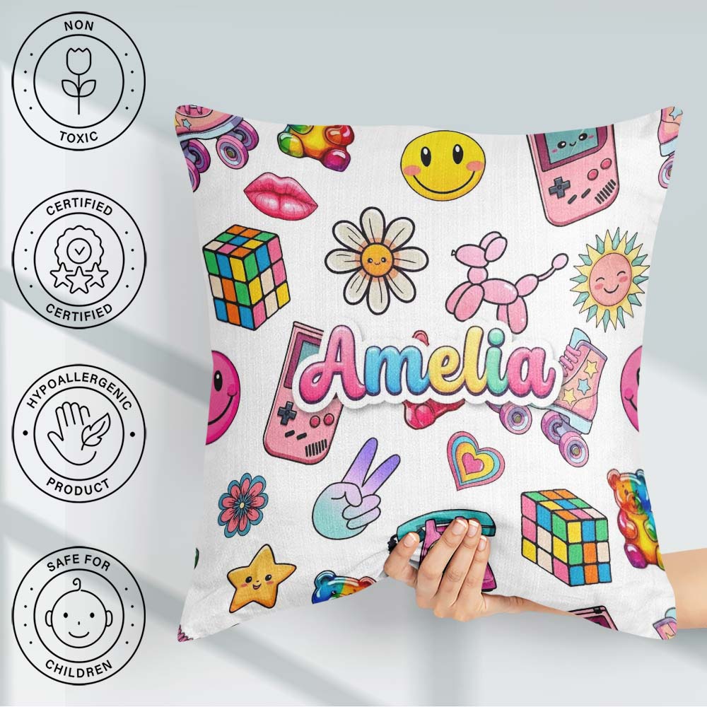 Custom Name Gummy Bear Rainbow Roller Skate Lightning Background Square Filled Cushion Throw Pillow Sofa Bed Home Decor Zip Washable UK Made