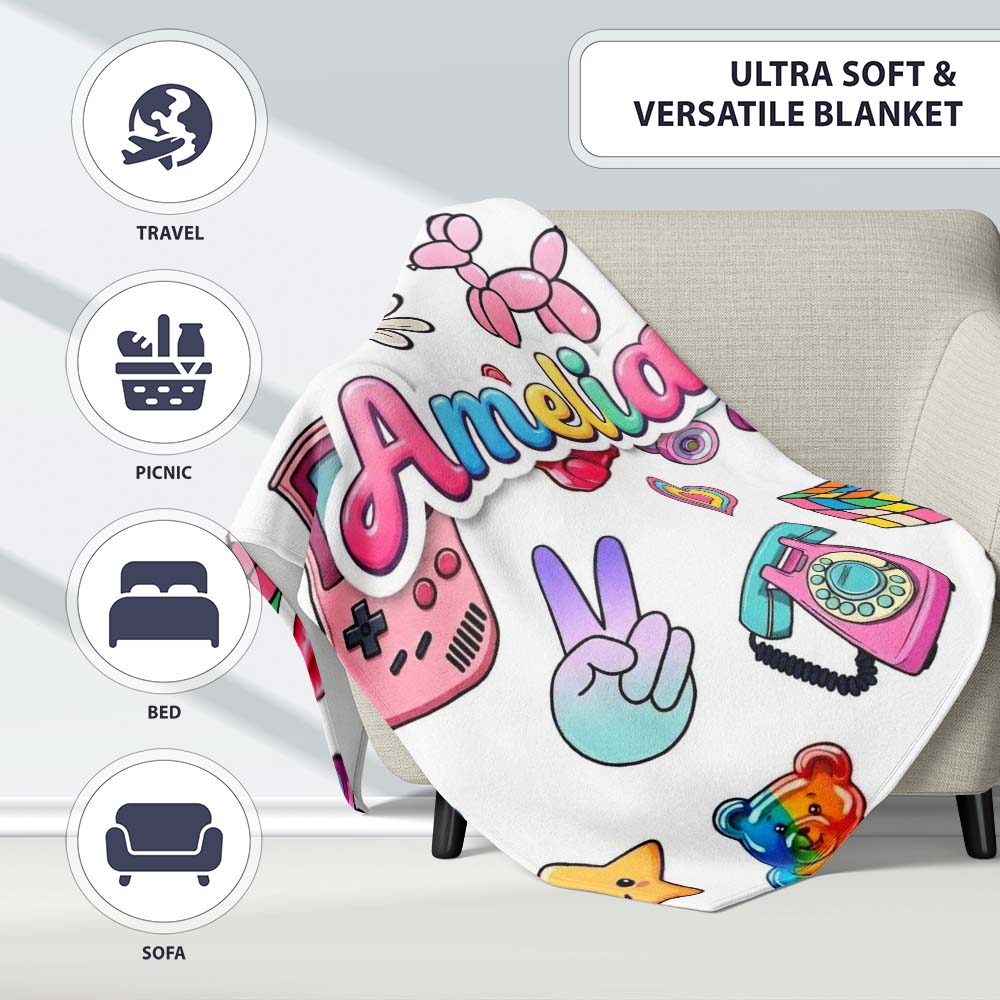 Gummy Bear Rainbow Roller Skate Lightning Grey Background Seamless Personalised Custom Name Super Soft Fleece Blanket Bed Sofa Throw