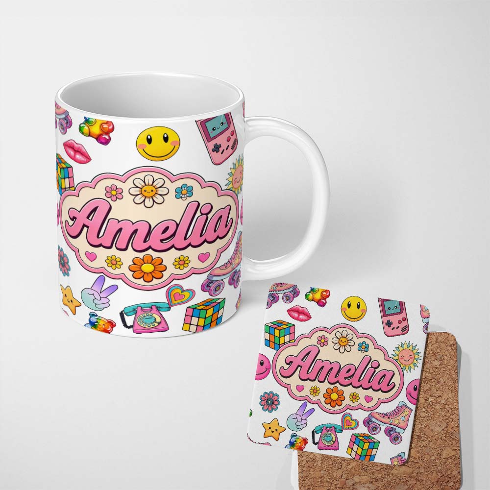 Personalized Custom Name Gummy Bear Rainbow Roller Skate Lightning Seamless Pattern Name Cute 11oz Ceramic Coffee Tea Mug White Large Handle