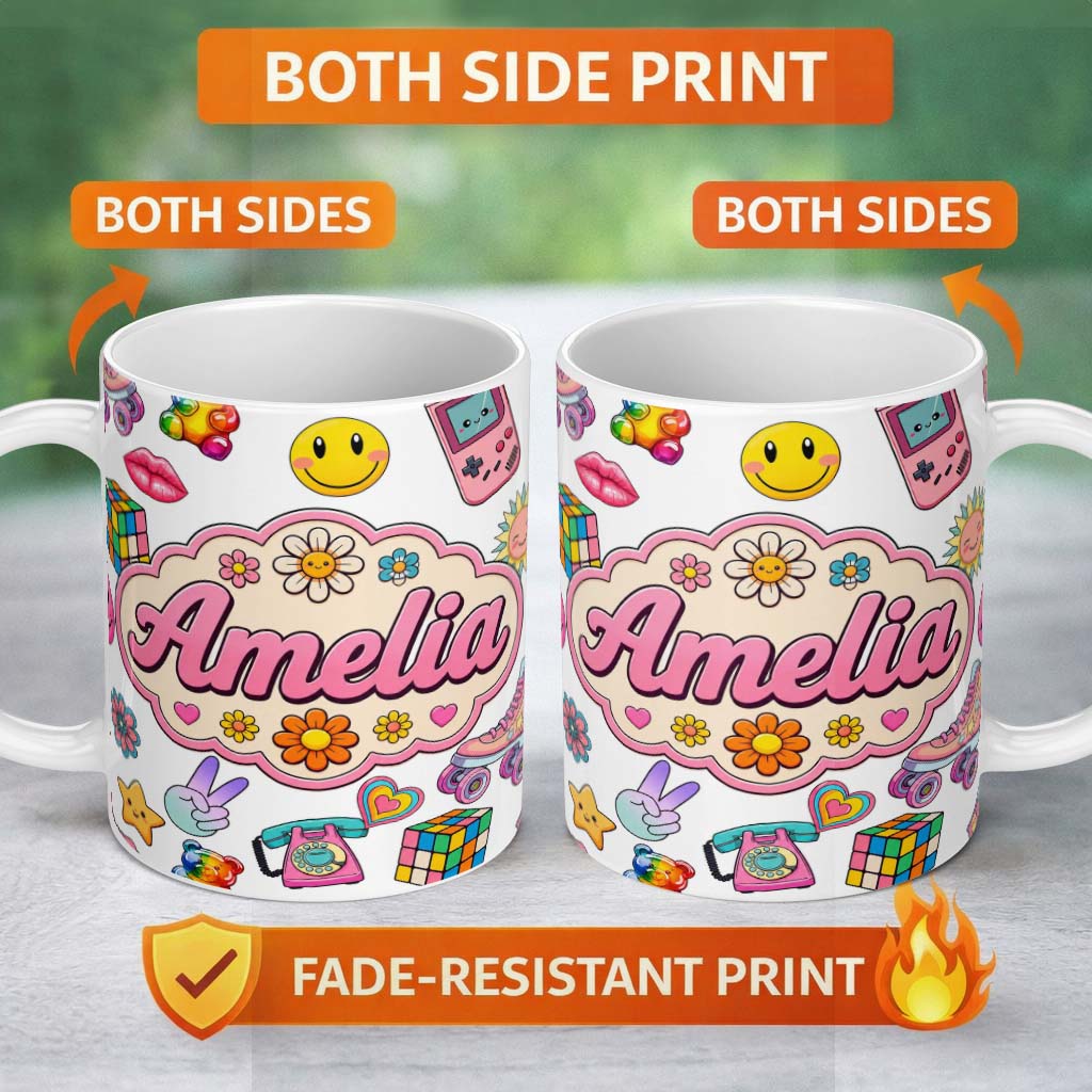 Personalized Custom Name Gummy Bear Rainbow Roller Skate Lightning Seamless Pattern Name Cute 11oz Ceramic Coffee Tea Mug White Large Handle
