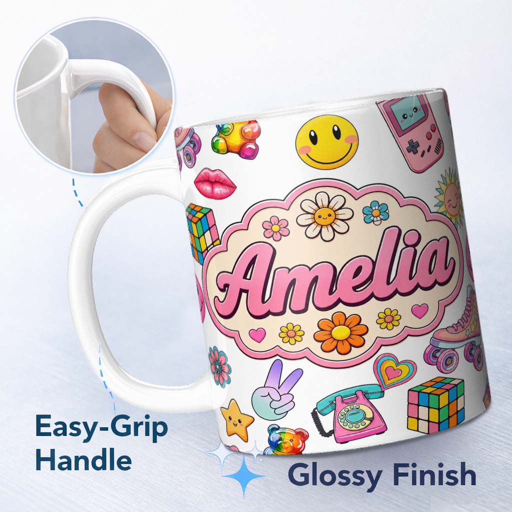 Personalized Custom Name Gummy Bear Rainbow Roller Skate Lightning Seamless Pattern Name Cute 11oz Ceramic Coffee Tea Mug White Large Handle