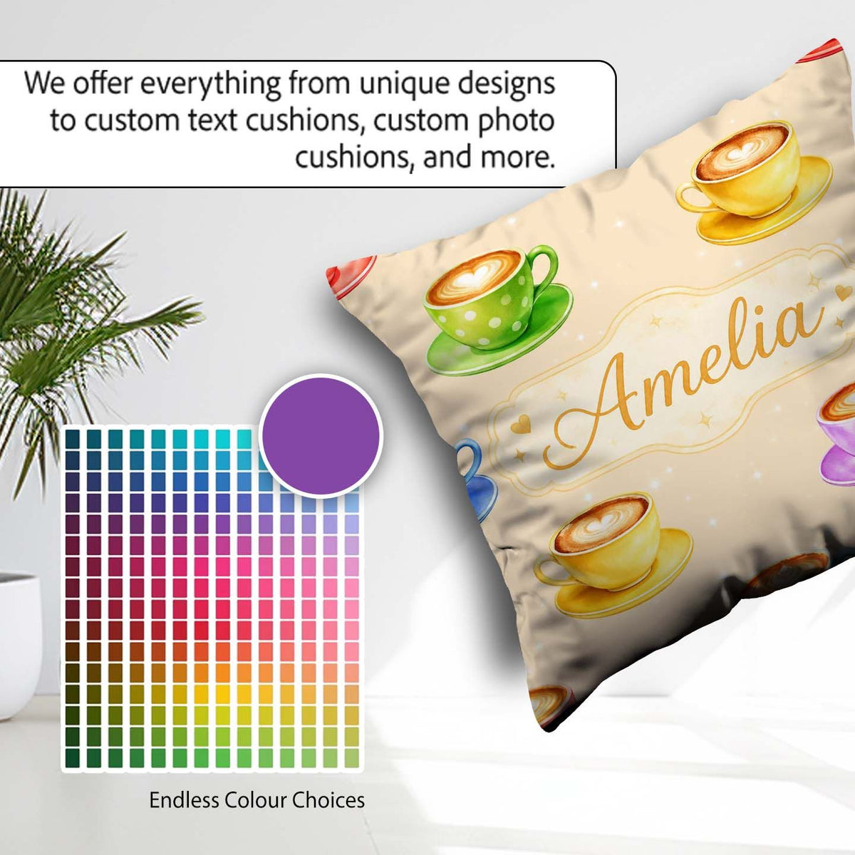 Custom Name Colorful Coffee Latte Cappuccino Seamless Pattern Square Filled Cushion Throw Pillow Sofa Bed Home Decor Zip Washable UK Made
