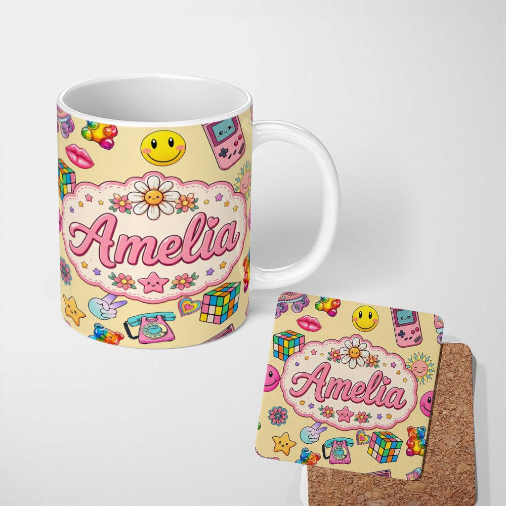 Personalized Custom Name Gummy Bear Rainbow Roller Skate Lightning Yellow Background 11oz Ceramic Coffee Tea Mug White Large Handle
