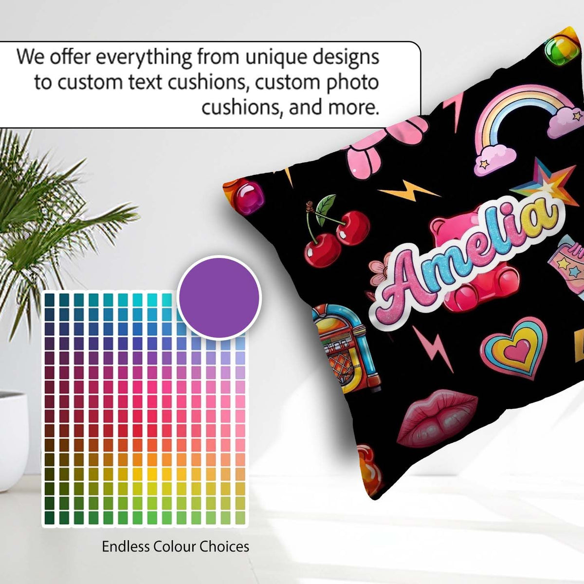Custom Name Gummy Bear Rainbow Roller Skate Lightning Background Square Filled Cushion Throw Pillow Sofa Bed Home Decor Zip Washable UK Made