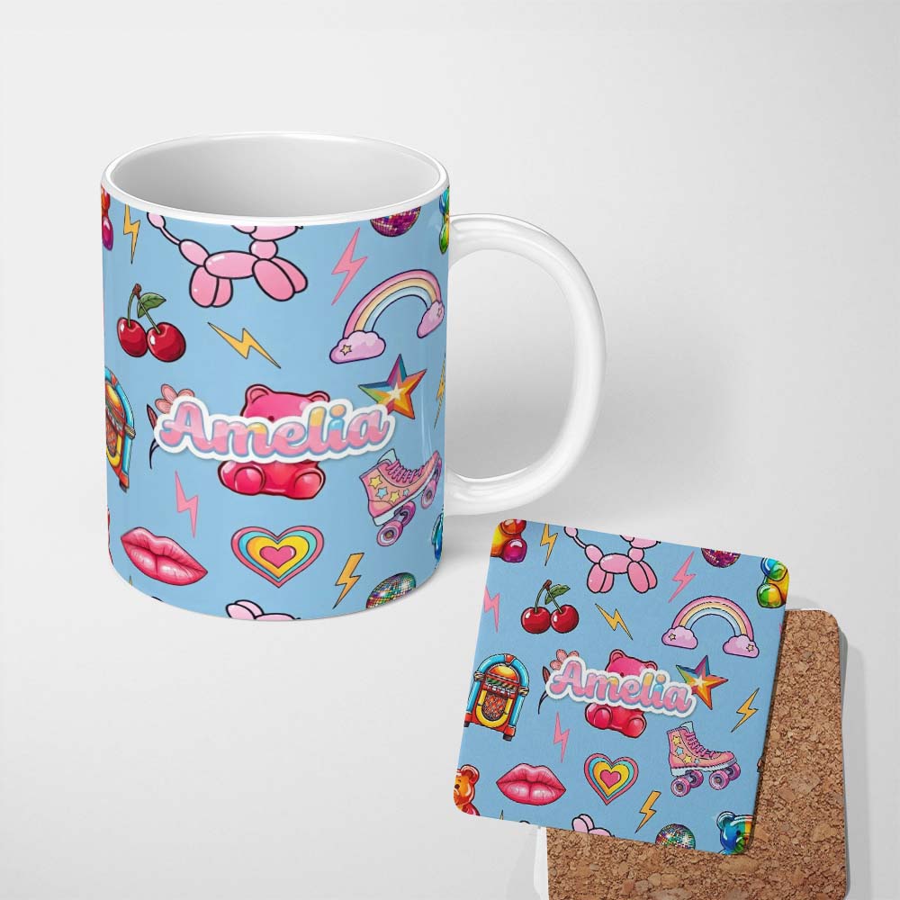 Personalized Custom Name Gummy Bear Rainbow Roller Skate Lightning Blue Background Seamless 11oz Ceramic Coffee Tea Mug White Large Handle