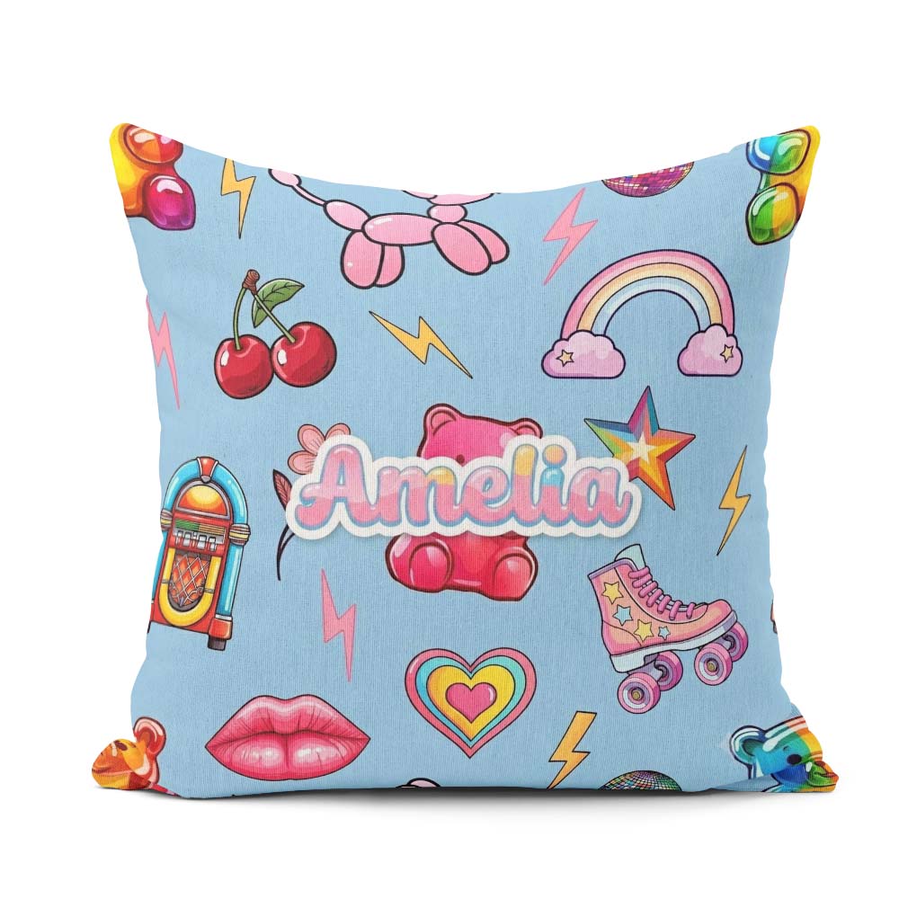 Custom Name Gummy Bear Rainbow Roller Skate Lightning Background Square Filled Cushion Throw Pillow Sofa Bed Home Decor Zip Washable UK Made