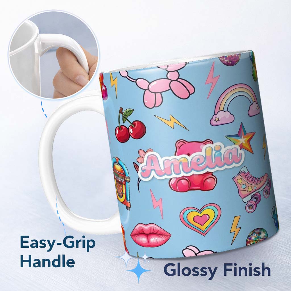 Personalized Custom Name Gummy Bear Rainbow Roller Skate Lightning Blue Background Seamless 11oz Ceramic Coffee Tea Mug White Large Handle