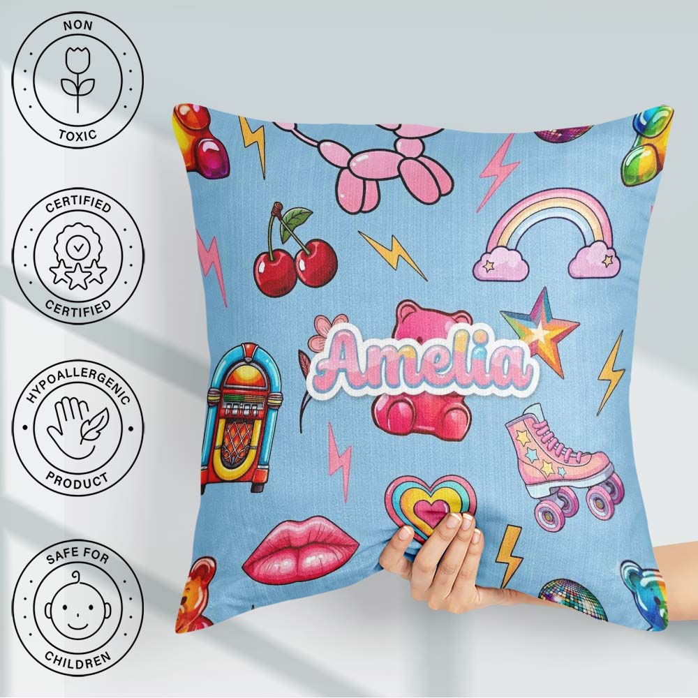 Custom Name Gummy Bear Rainbow Roller Skate Lightning Background Square Filled Cushion Throw Pillow Sofa Bed Home Decor Zip Washable UK Made
