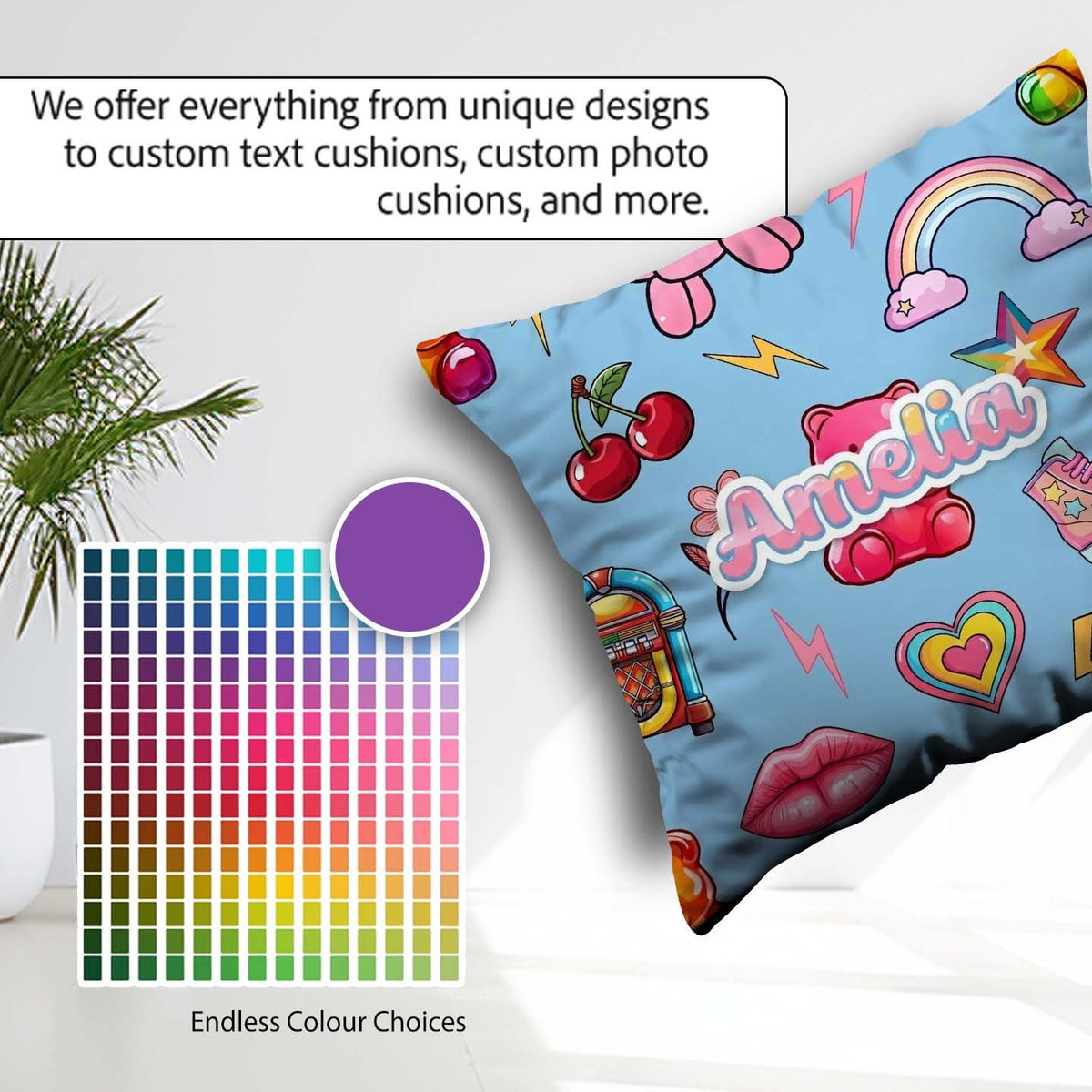 Custom Name Gummy Bear Rainbow Roller Skate Lightning Background Square Filled Cushion Throw Pillow Sofa Bed Home Decor Zip Washable UK Made