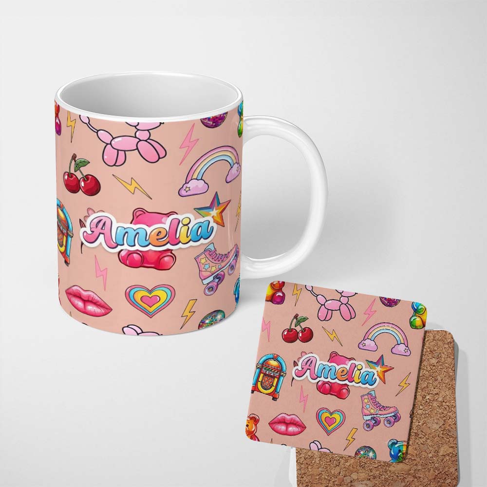 Personalized Custom Name Gummy Bear Rainbow Roller Skate Lightning Peach Background Seamless 11oz Ceramic Coffee Tea Mug White Large Handle